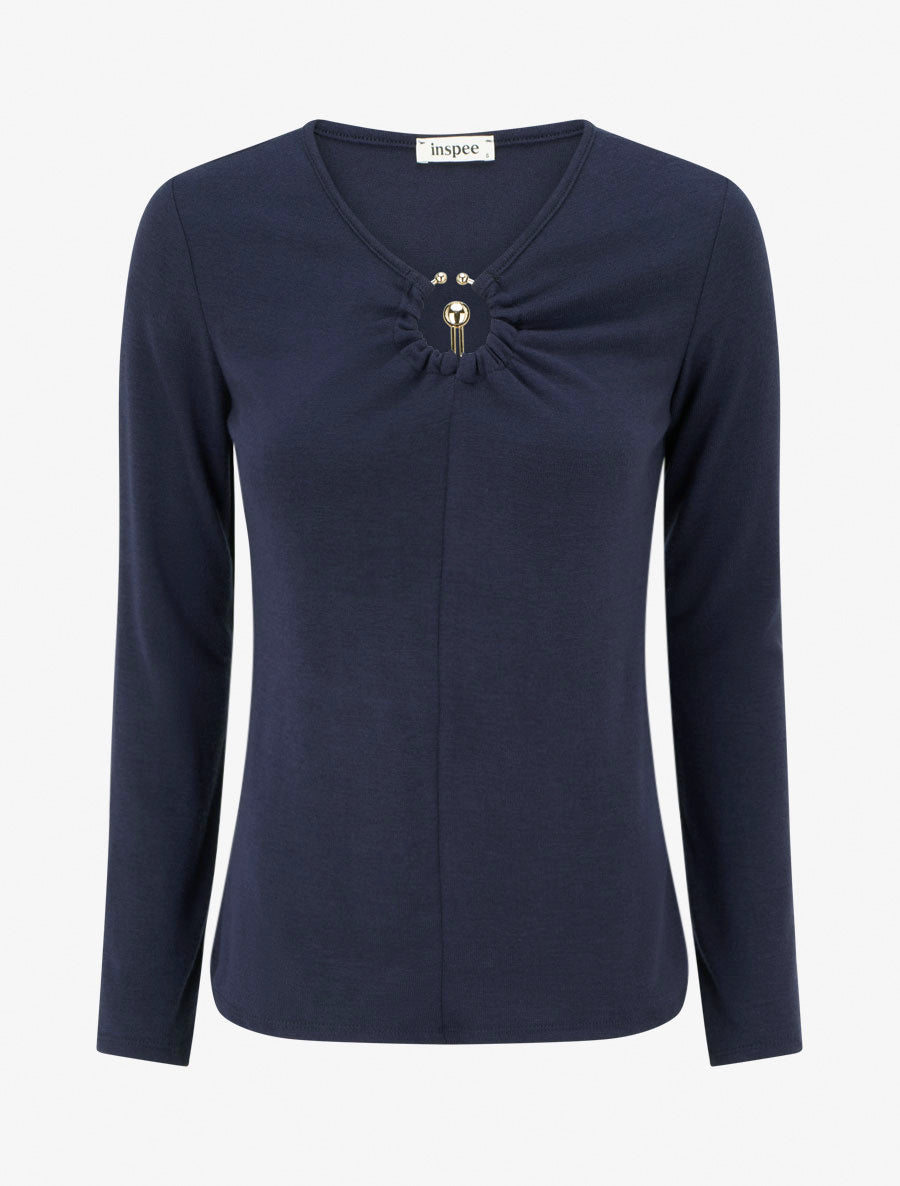 Pull fin à col V à bijou métal - Marine - 1
