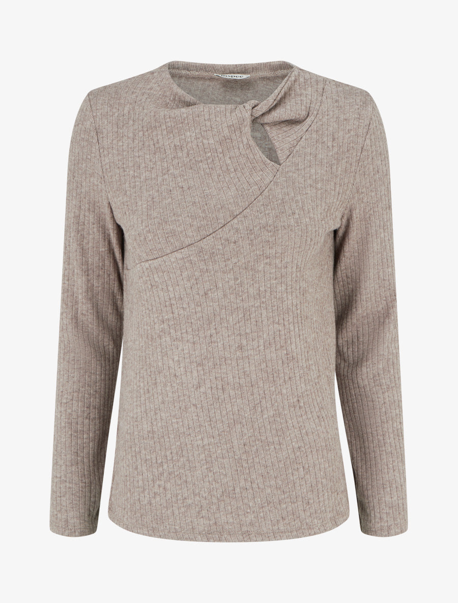 Pull côtelé à col rond torsadé - Taupe - 1