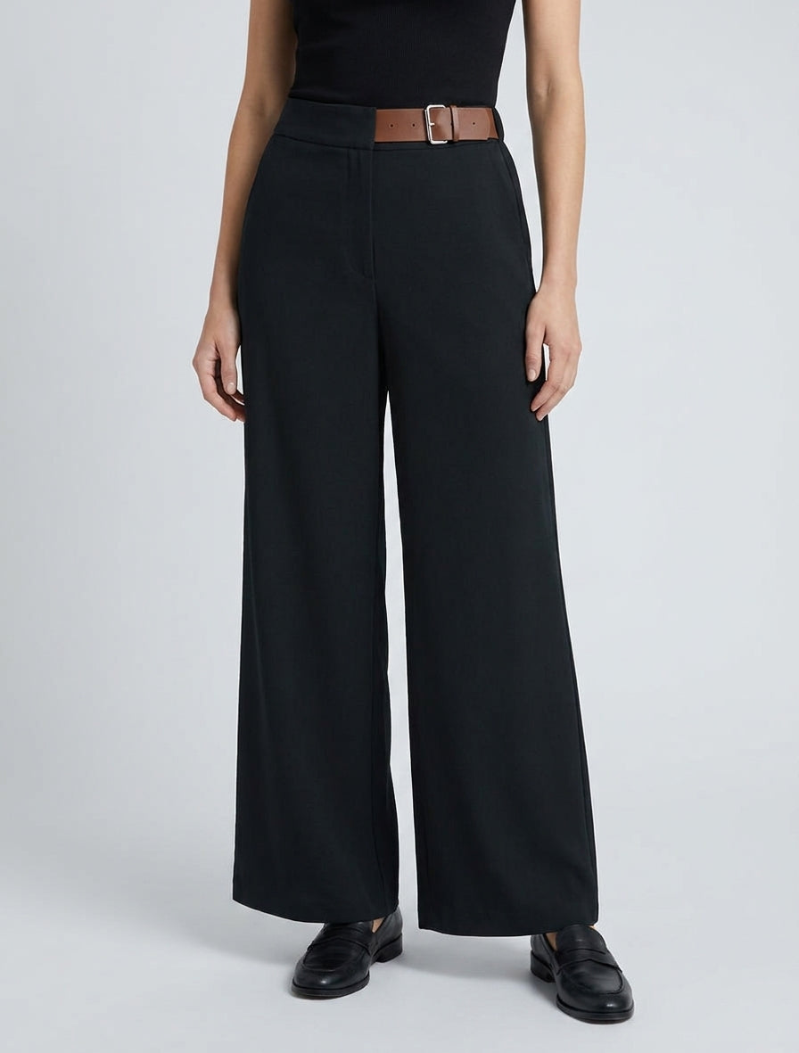Pantalon ample taille haute à ceinture décorative - Noir