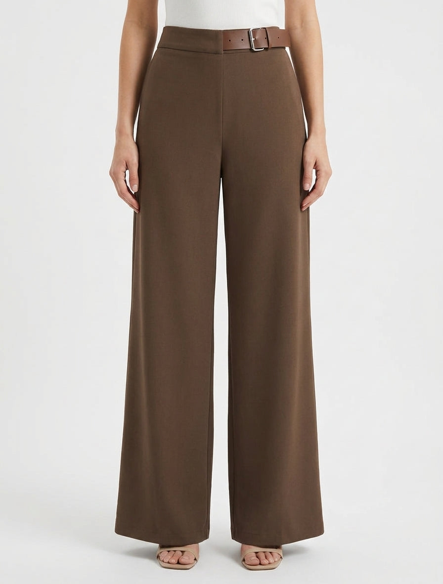 Pantalon ample taille haute à ceinture décorative - Marron clair