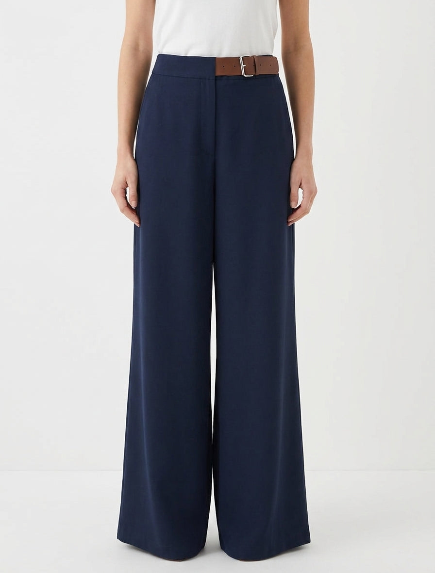 Pantalon ample taille haute à ceinture décorative - Marine