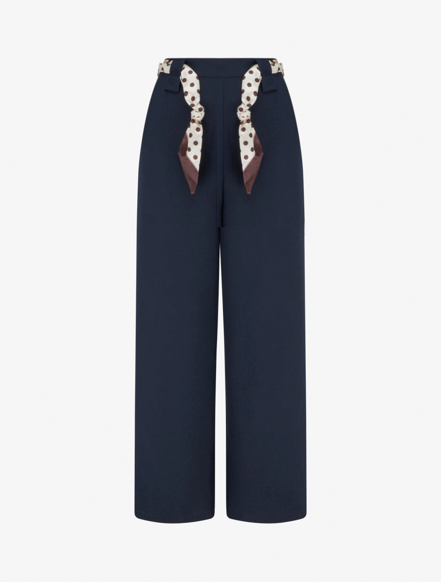 Pantalon uni ceinture satinée imprimée - Marine - 1