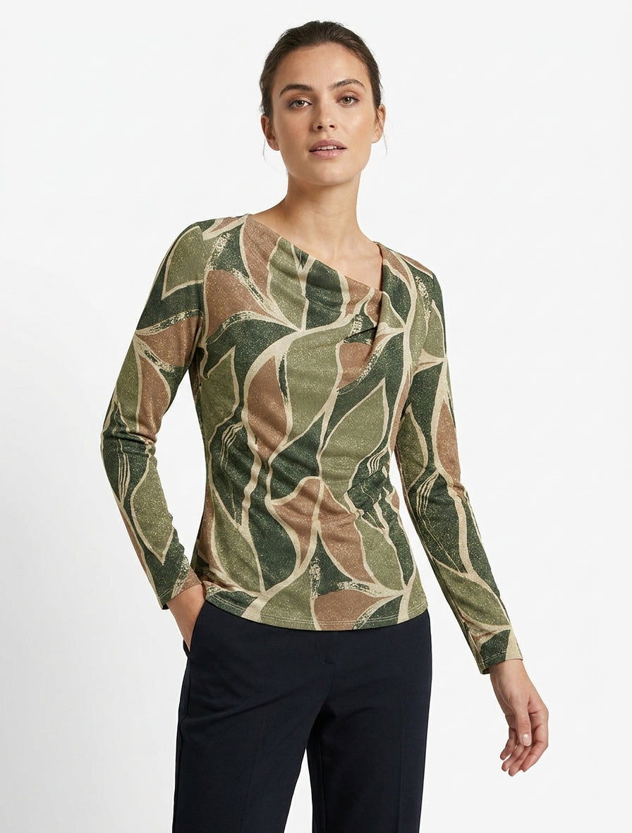 Iriseren top met abstracte bladenprint, rechterkant - Kaki