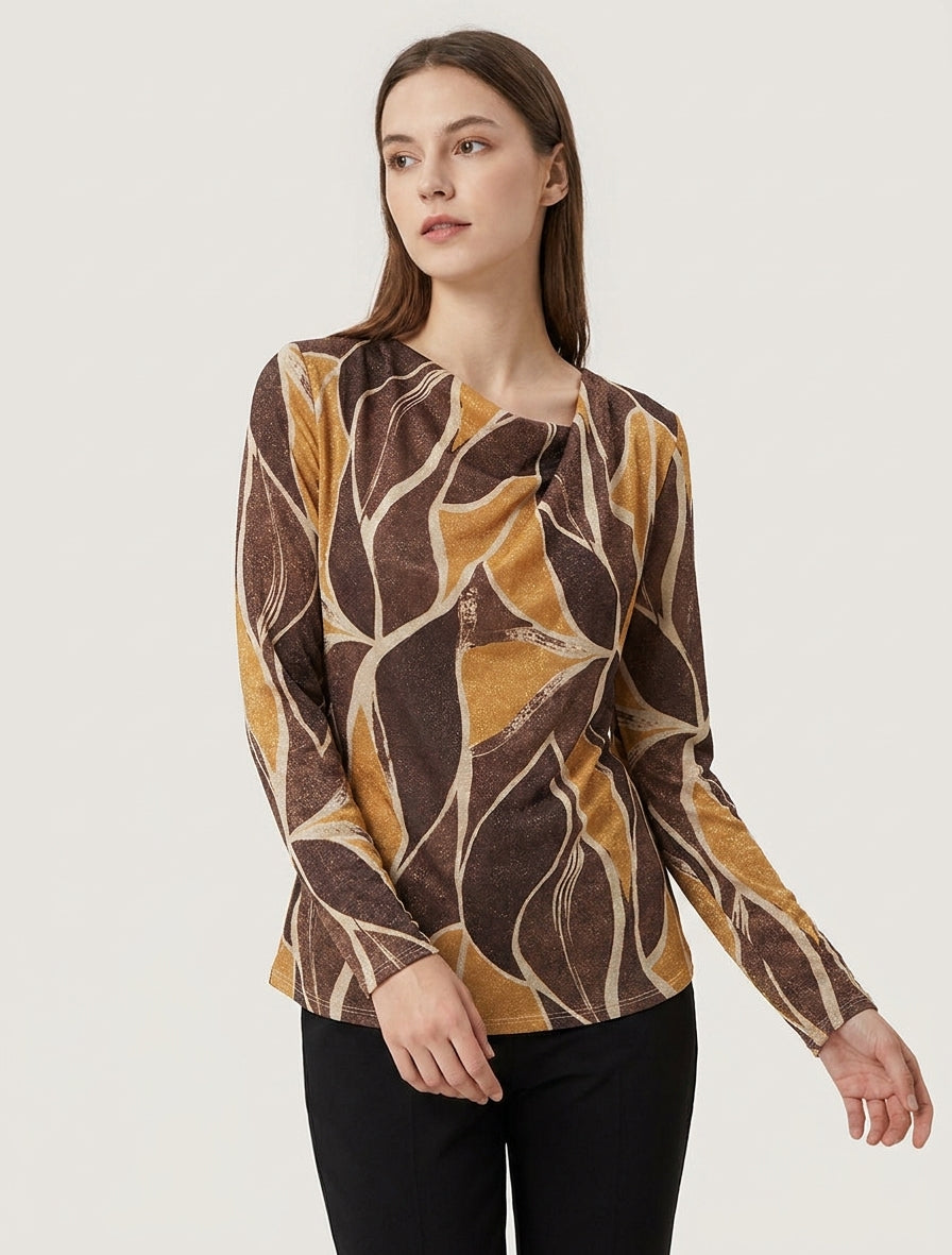 Iriseren top met abstracte bladenprint, rechterkant - Bruin