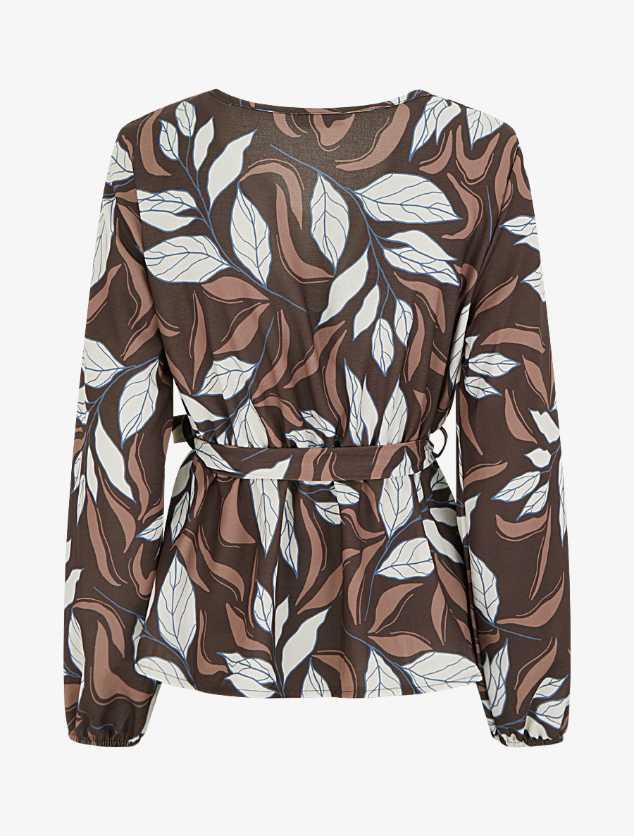 Blouse élastiquée à imprimé feuillage - Marron - 2
