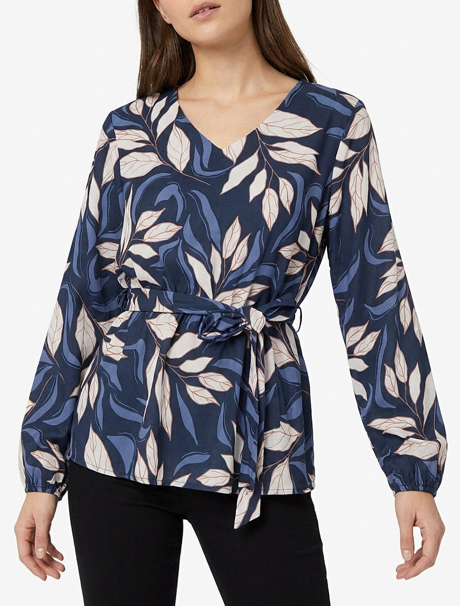 Elastische blouse met bladdessin - Marine
