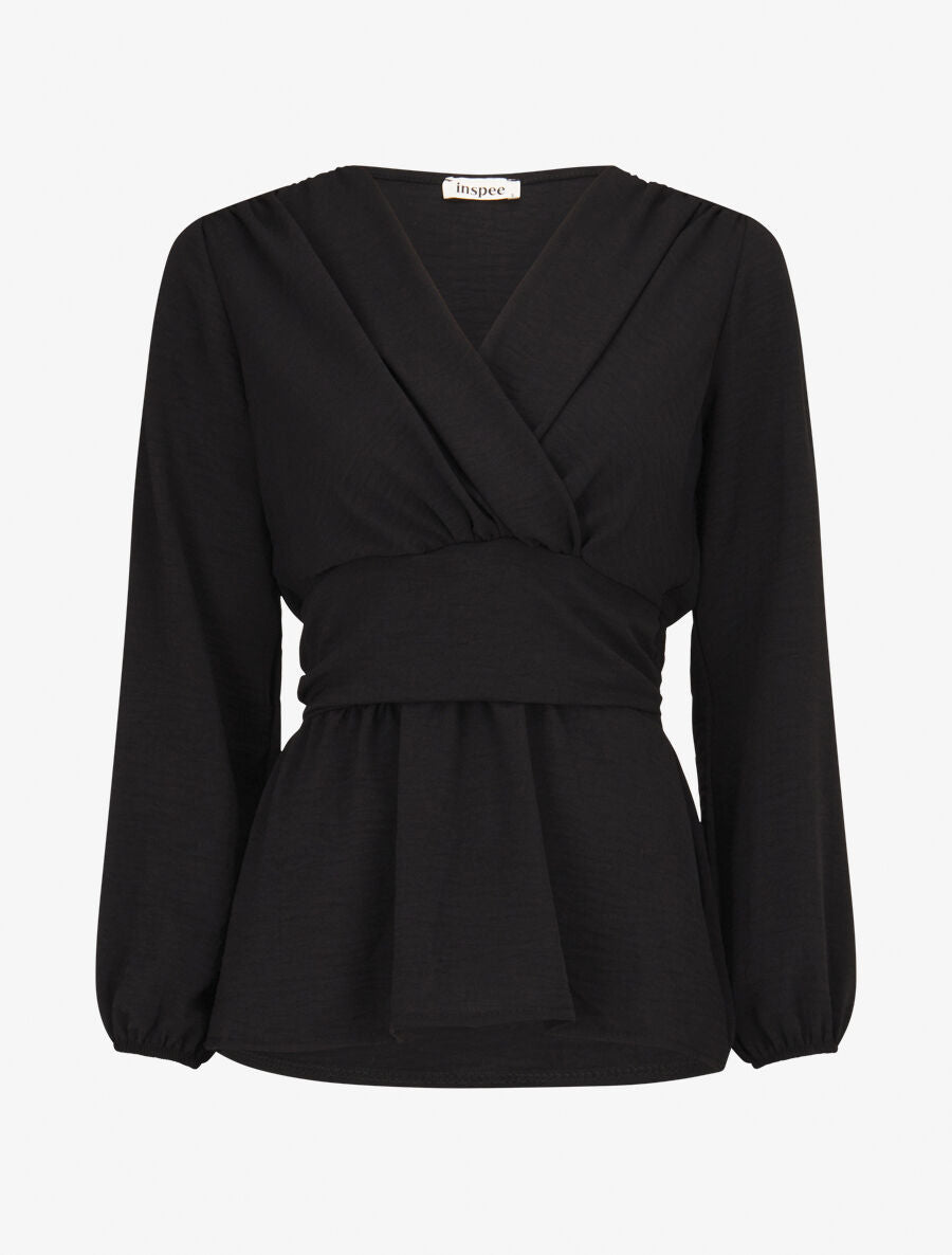 Blouse élastiquée à col V - Noir - 1