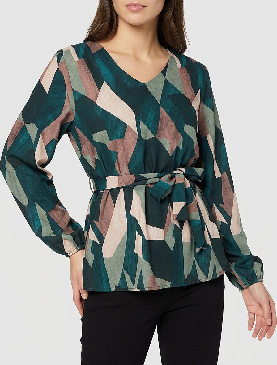 Peplumblouse met abstracte print - Dennengroen