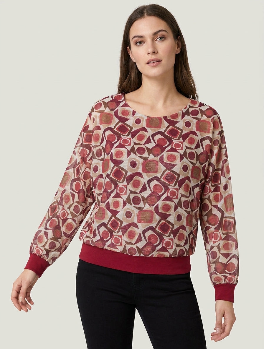 Blouse imprimé rétro à détail irisé - Bordeaux