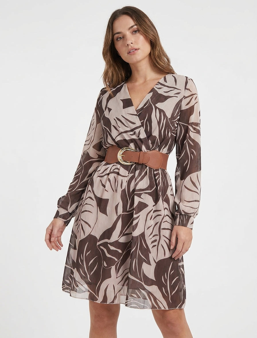 Robe irisée à imprimé grandes feuilles - Marron