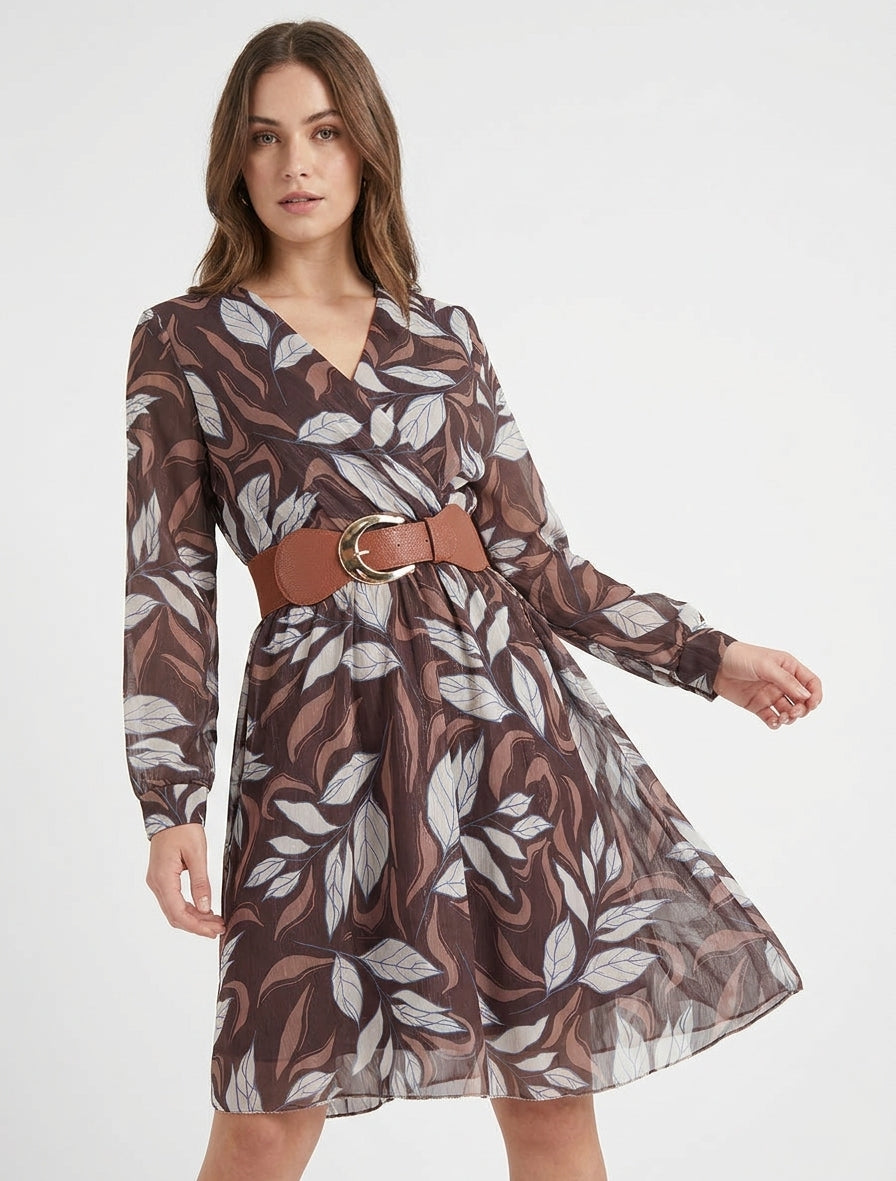 Robe irisée à imprimé feuillage - Marron
