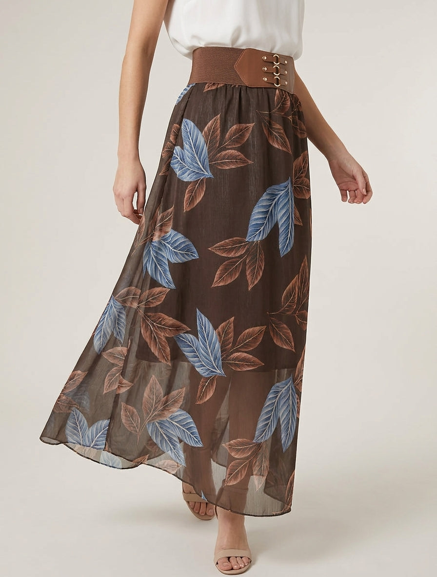 Jupe longue en voile irisé imprimé feuilles - Marron