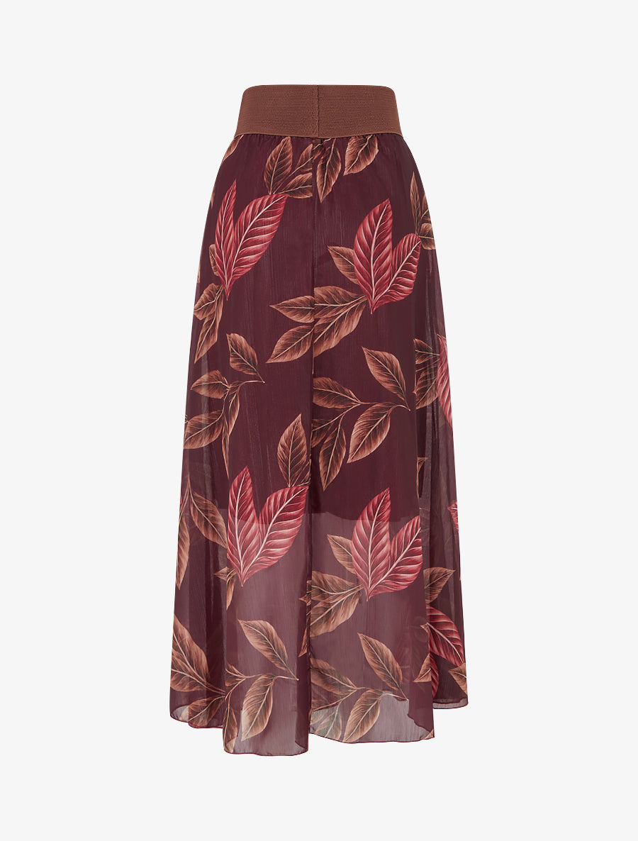 Jupe longue en voile irisé imprimé feuilles - Prune - 2