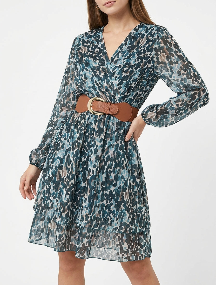 Robe imprimé fantaisie à col cache coeur - Bleu canard