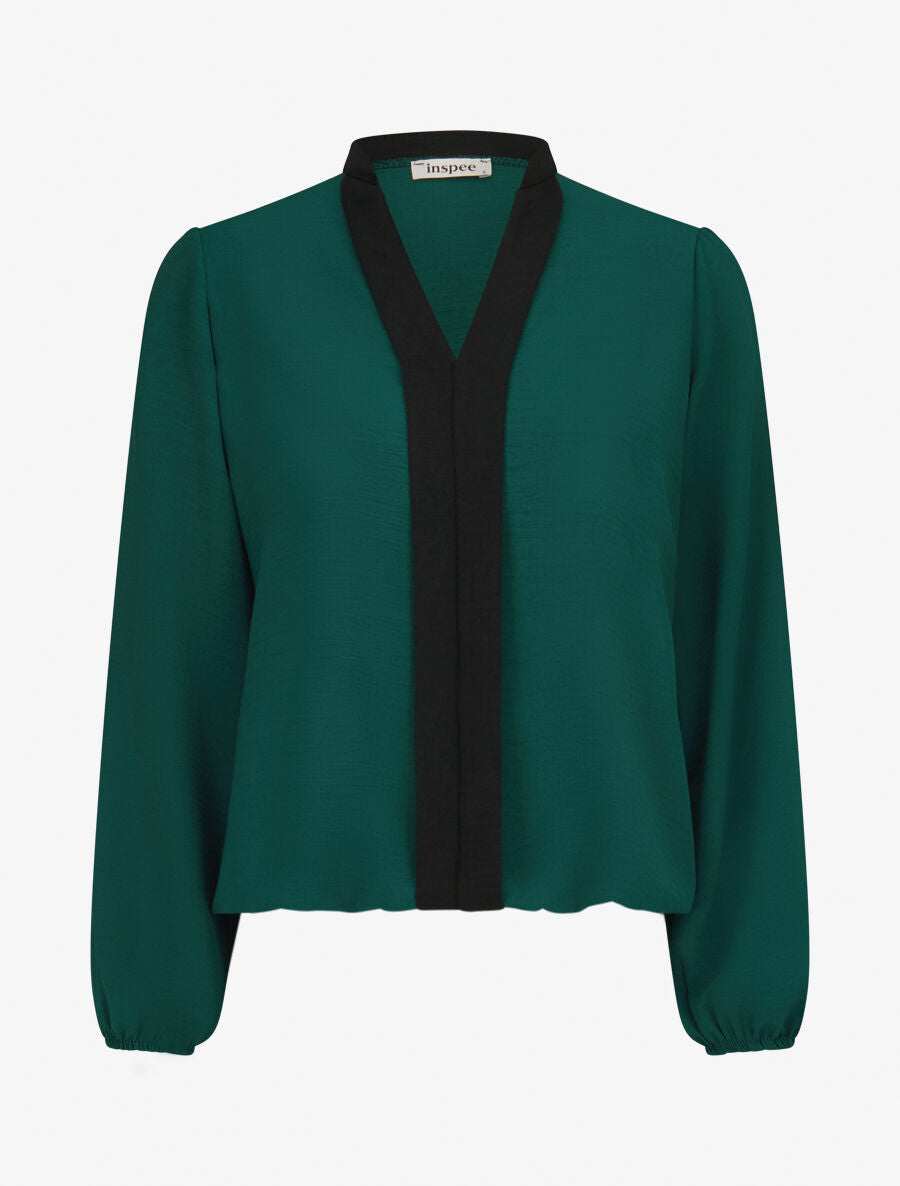 Blouse coupe boule à liseret contrastant - Vert sapin - 1