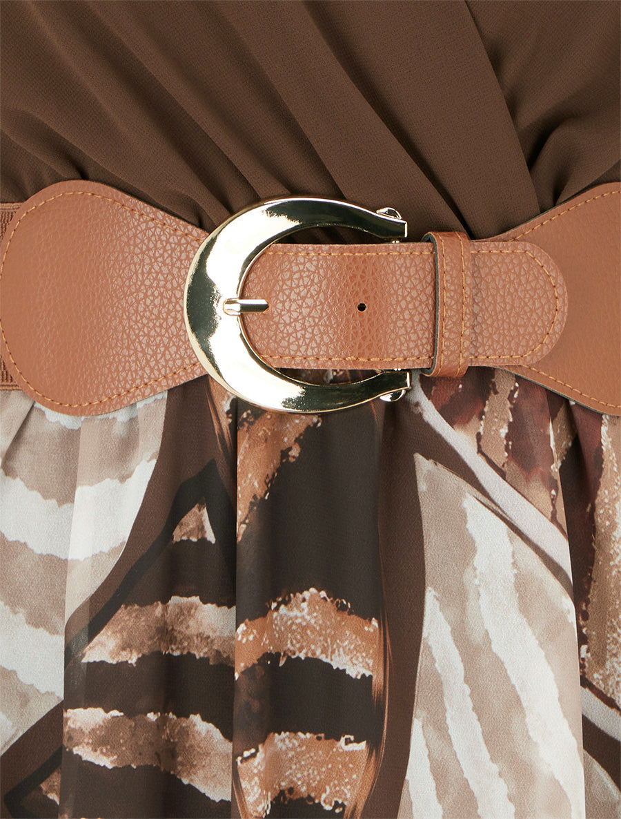 Robe évasée à imprimé feuilles abstraites - Marron - 3