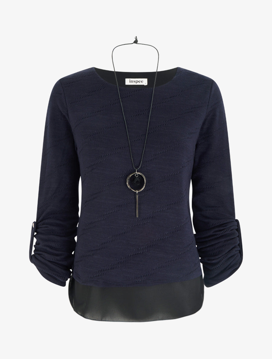 Pull texturé à col rond et doublure apparente - Marine - 1