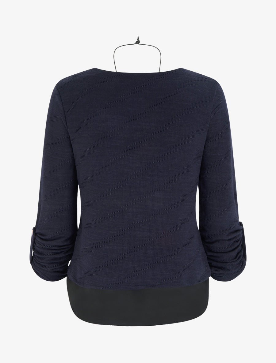Pull texturé à col rond et doublure apparente - Marine - 2