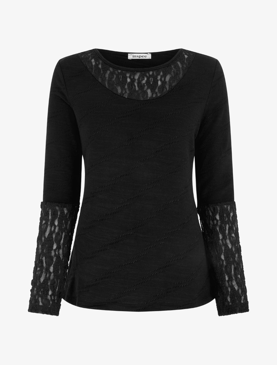Pull droit à col et manches en dentelle - Noir - 1