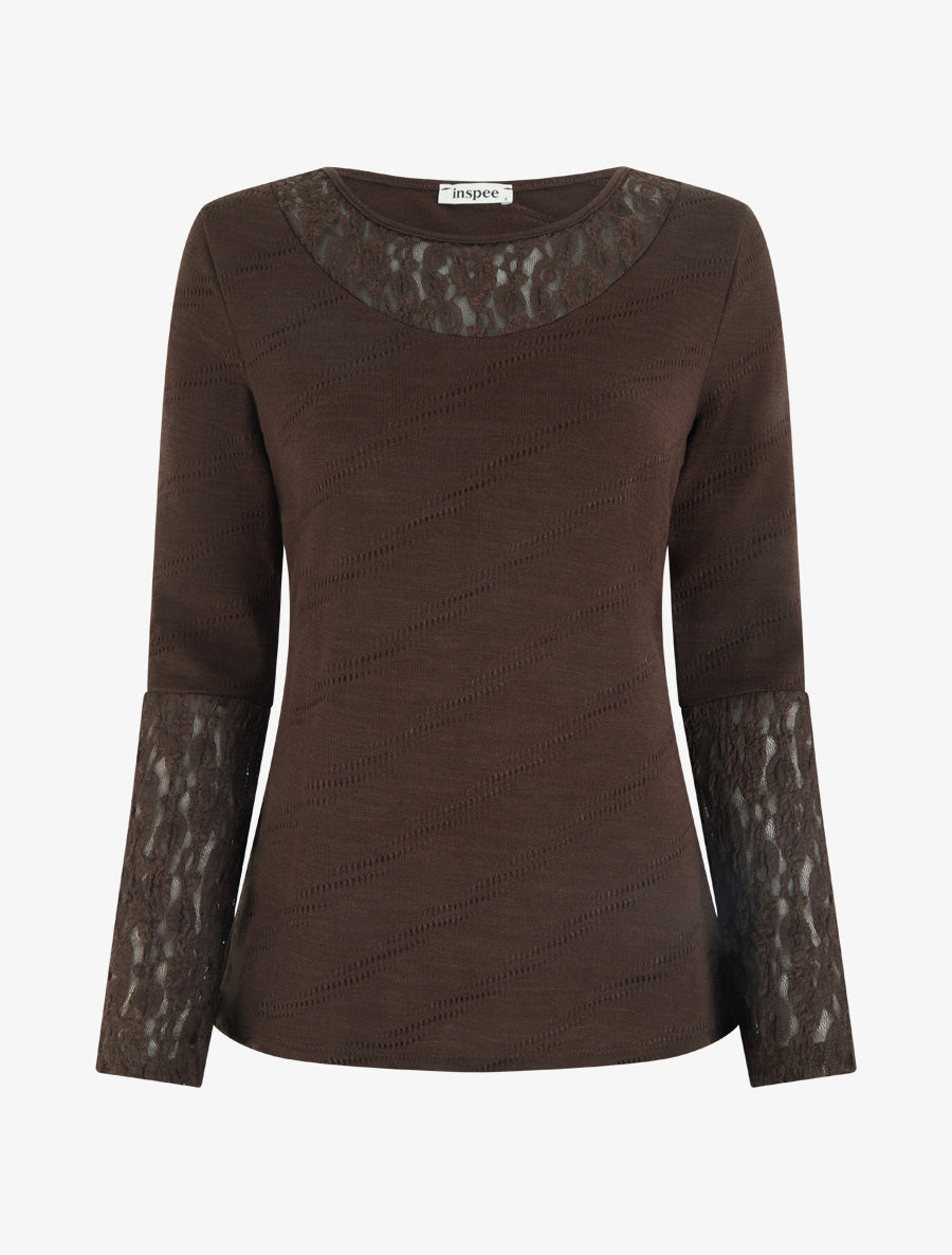 Pull droit à col et manches en dentelle - Marron - 1