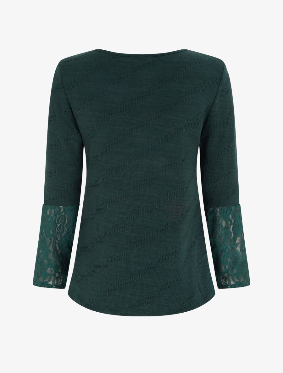 Pull droit à col et manches en dentelle - Vert foncé - 2