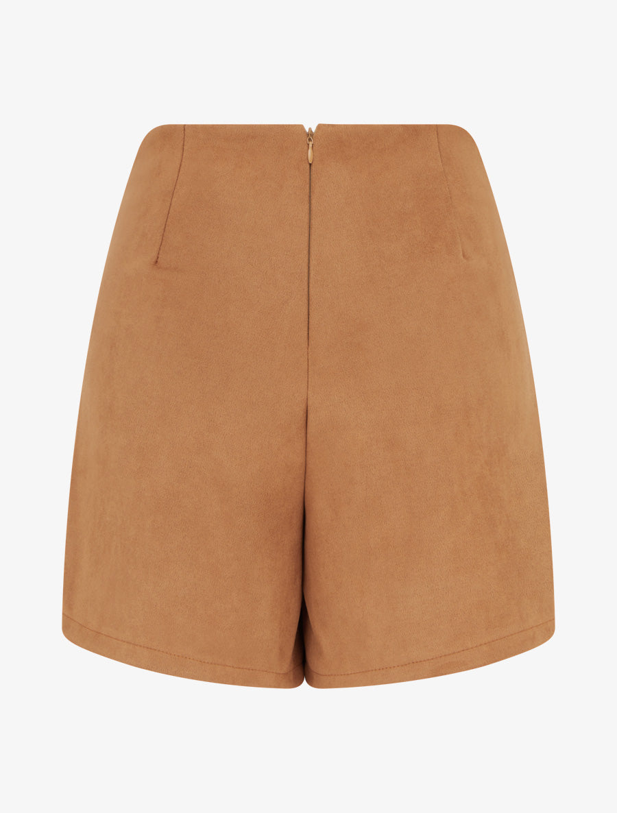 Jupe-short en suédine style portefeuille à zip - Camel - 2