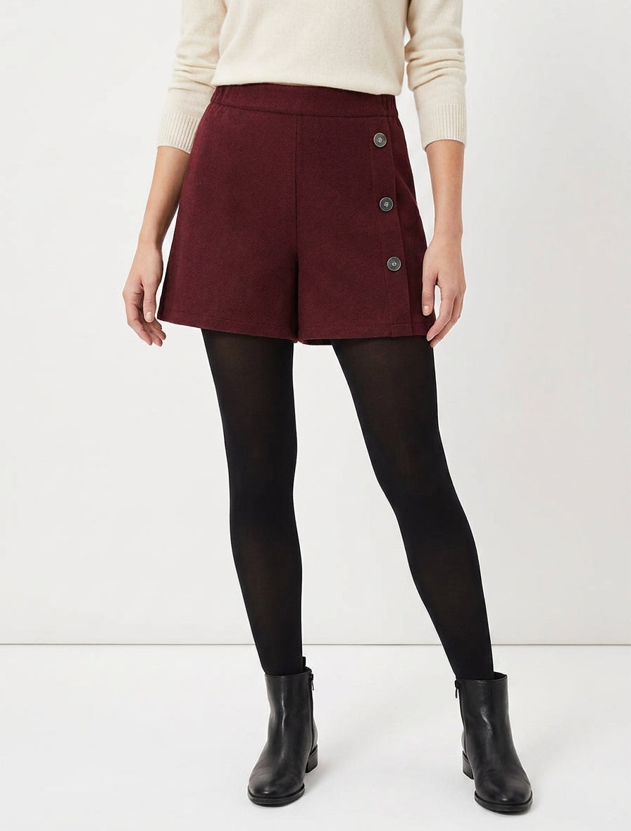 Short en feutrine à taille haute et boutons décoratifs - Bordeaux