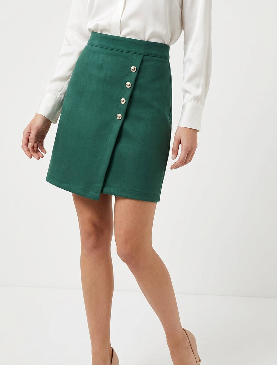 Jupe en suédine style portefeuille à boutons - Vert