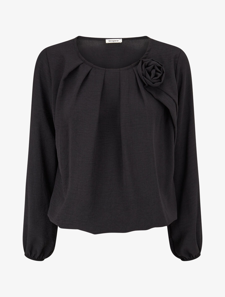 Top plissé à fleur en relief - Noir - 1