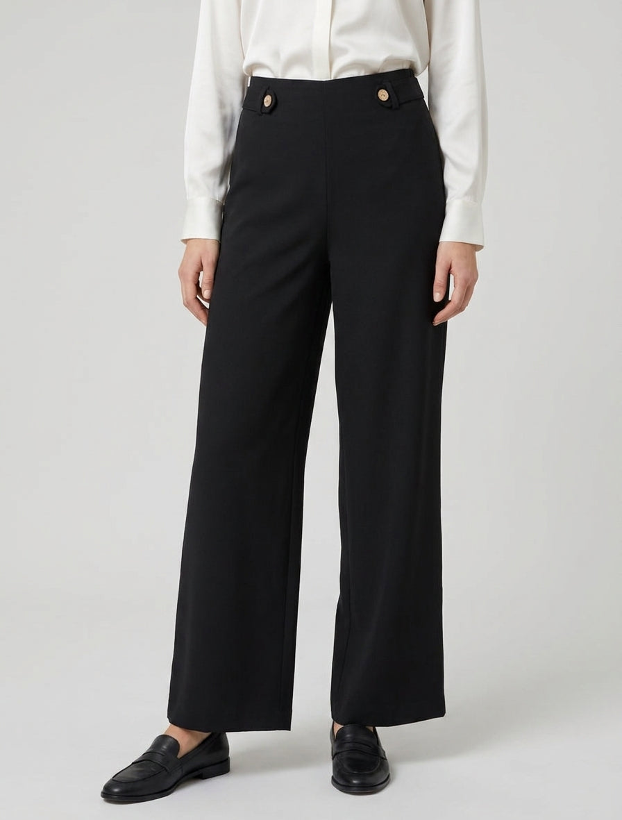Pantalon ample taille haute à boutons décoratifs - Noir