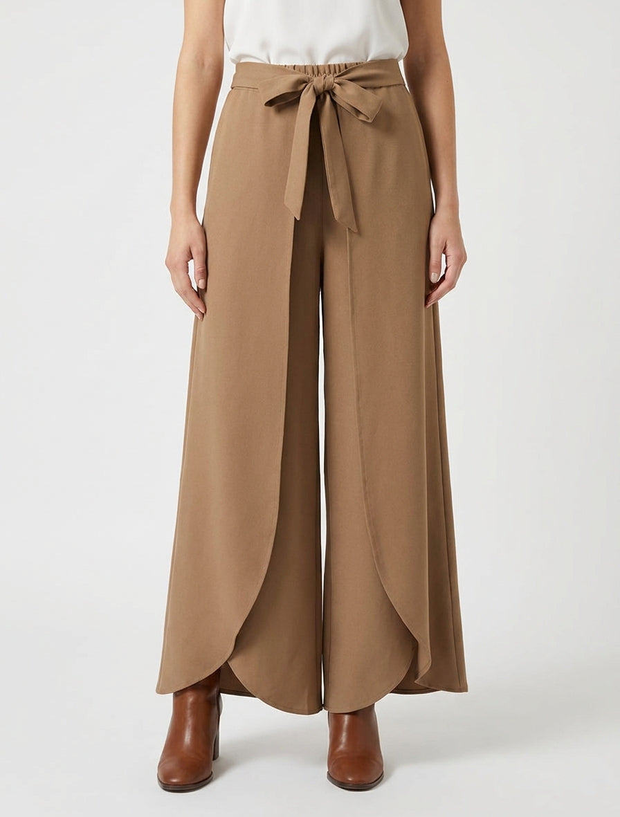 Broek met hoge taille en wijde pasvorm - Kameel
