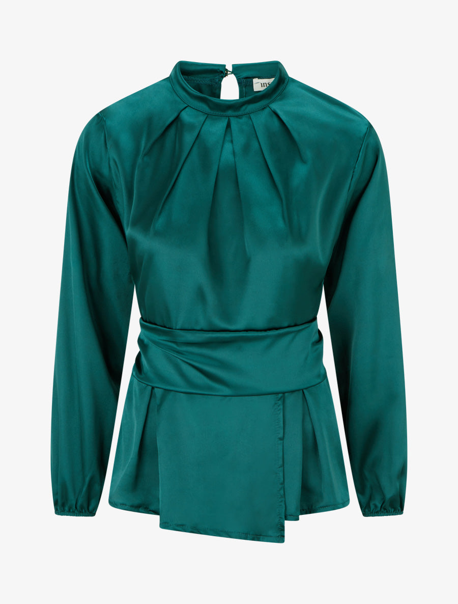 Top satiné à col montant et effet drapé - Vert foncé - 1