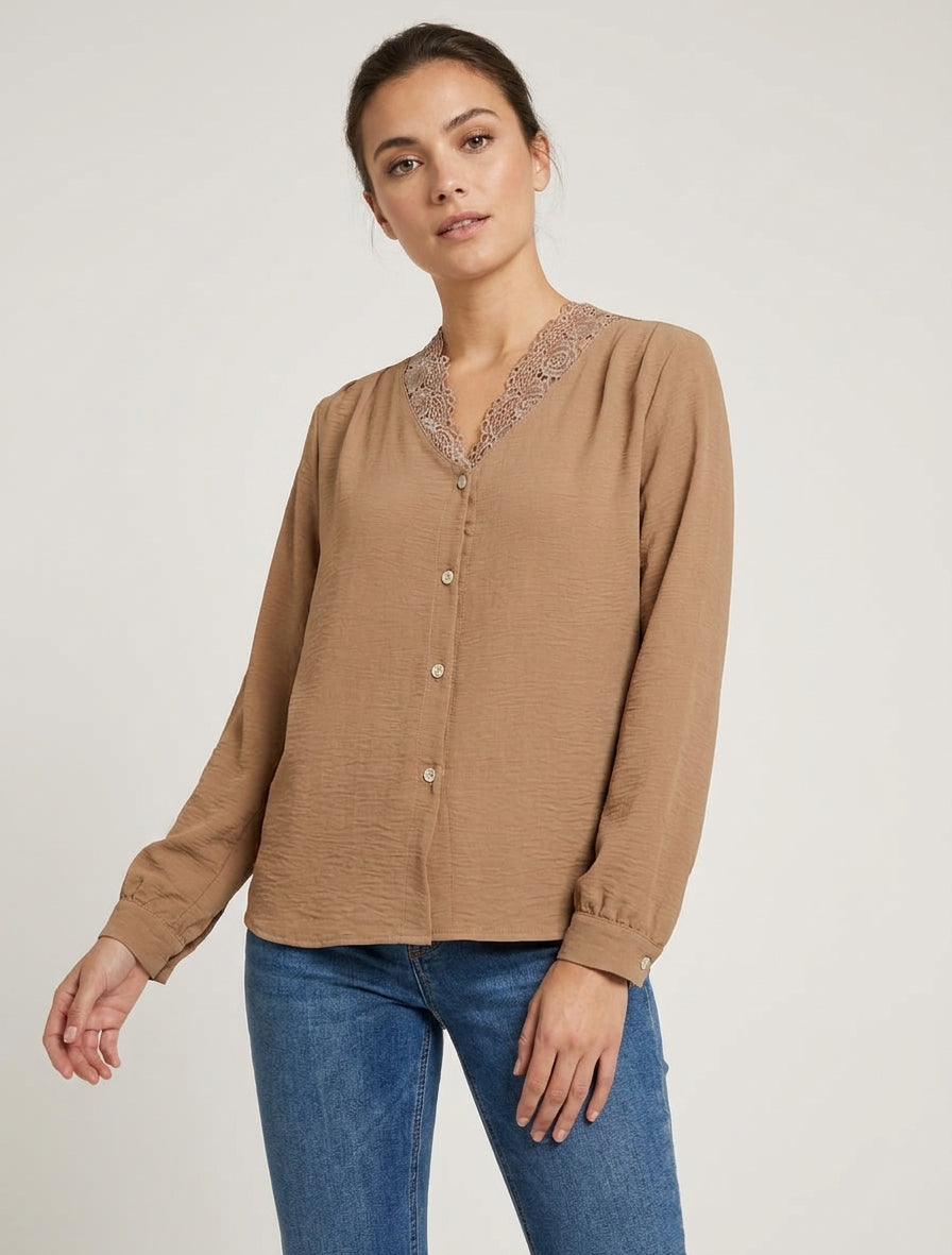 Blouse droite à col V en dentelle - Camel