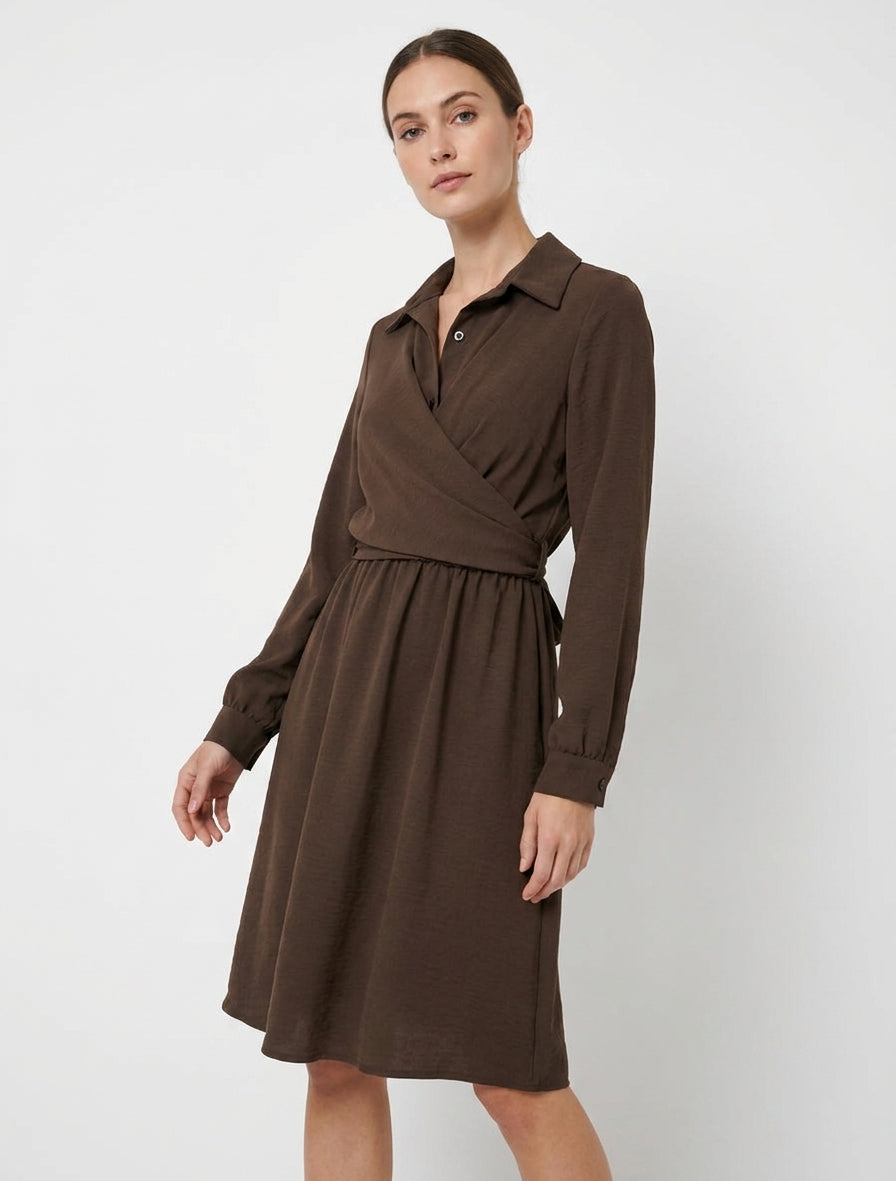 Robe chemise à pan à nouer - Marron