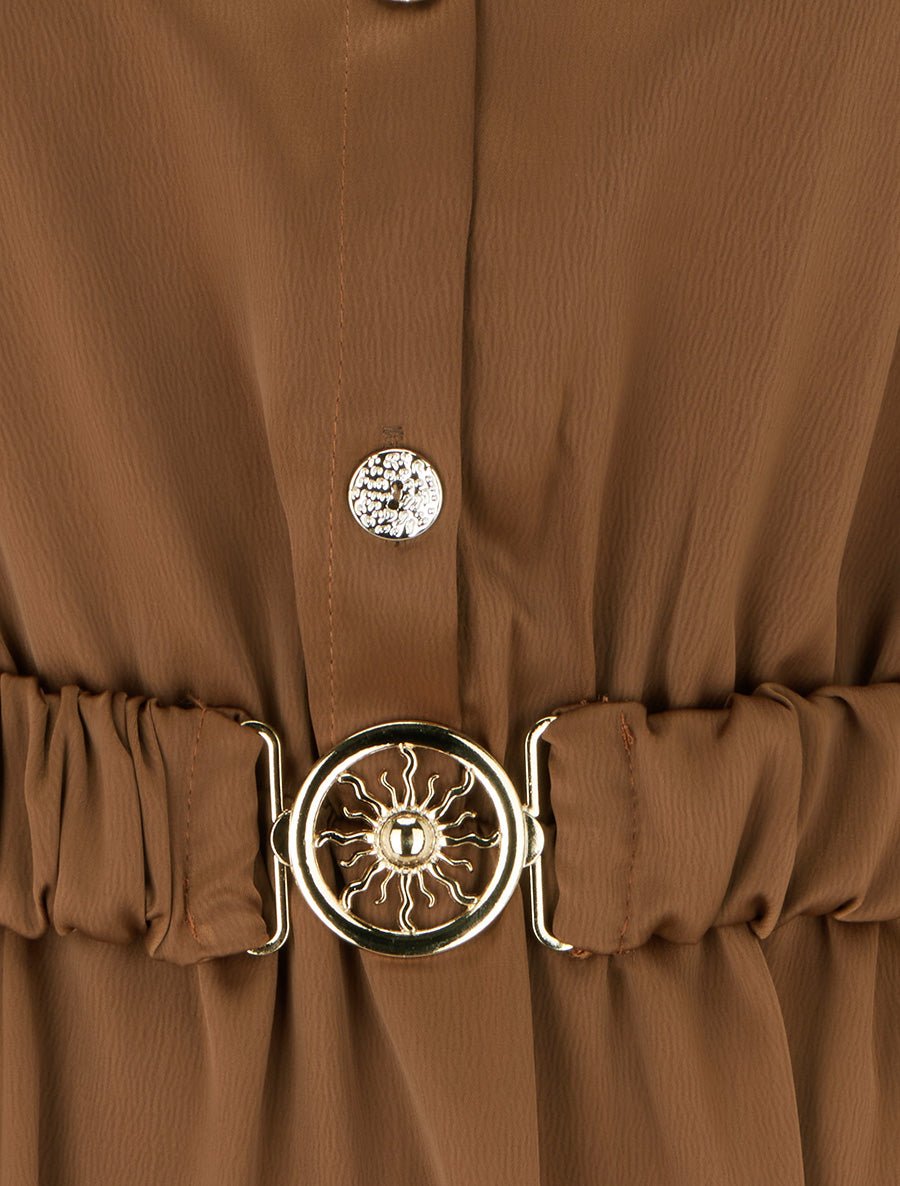 Robe satinée style chemise à manches longues - Camel - 3