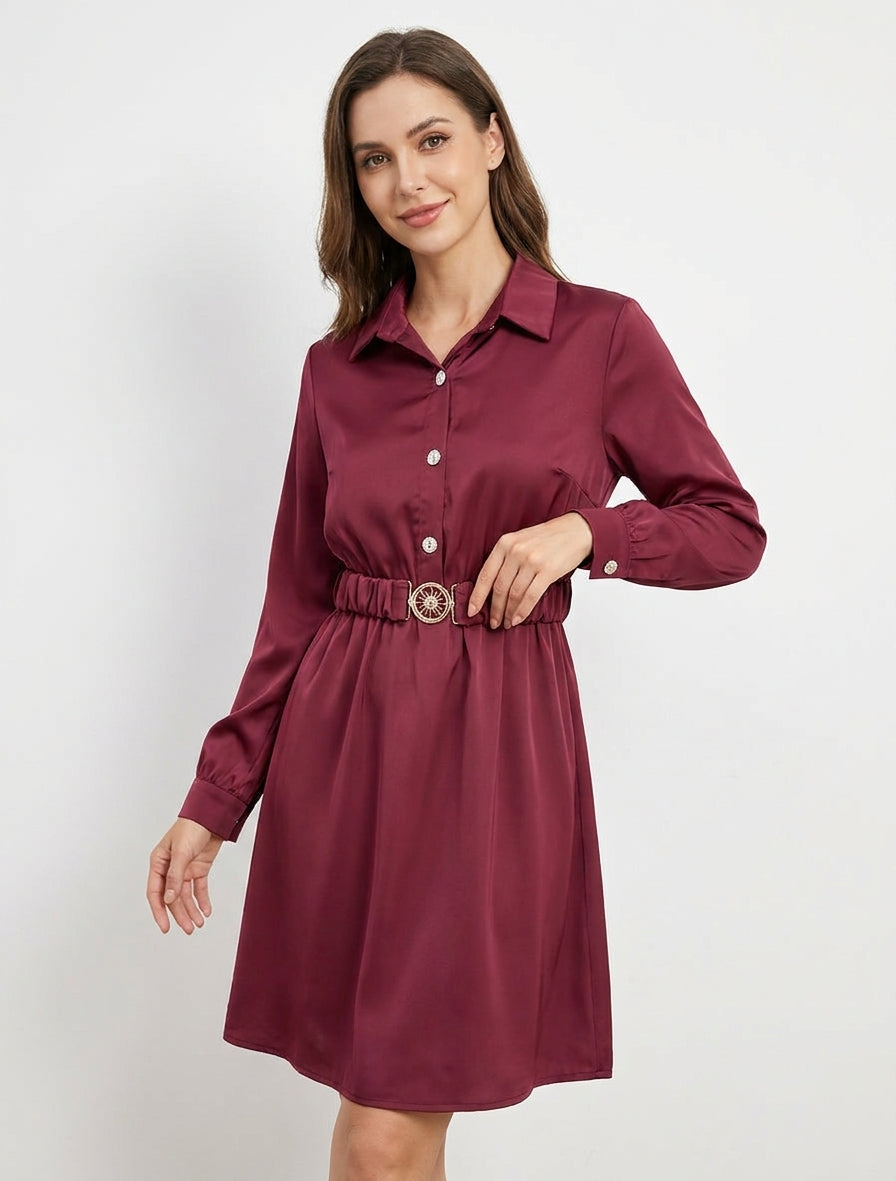 Robe satinée style chemise à manches longues - Lie de vin