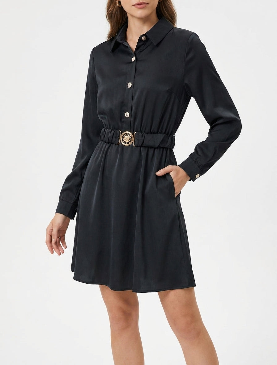 Robe satinée style chemise à manches longues - Noir