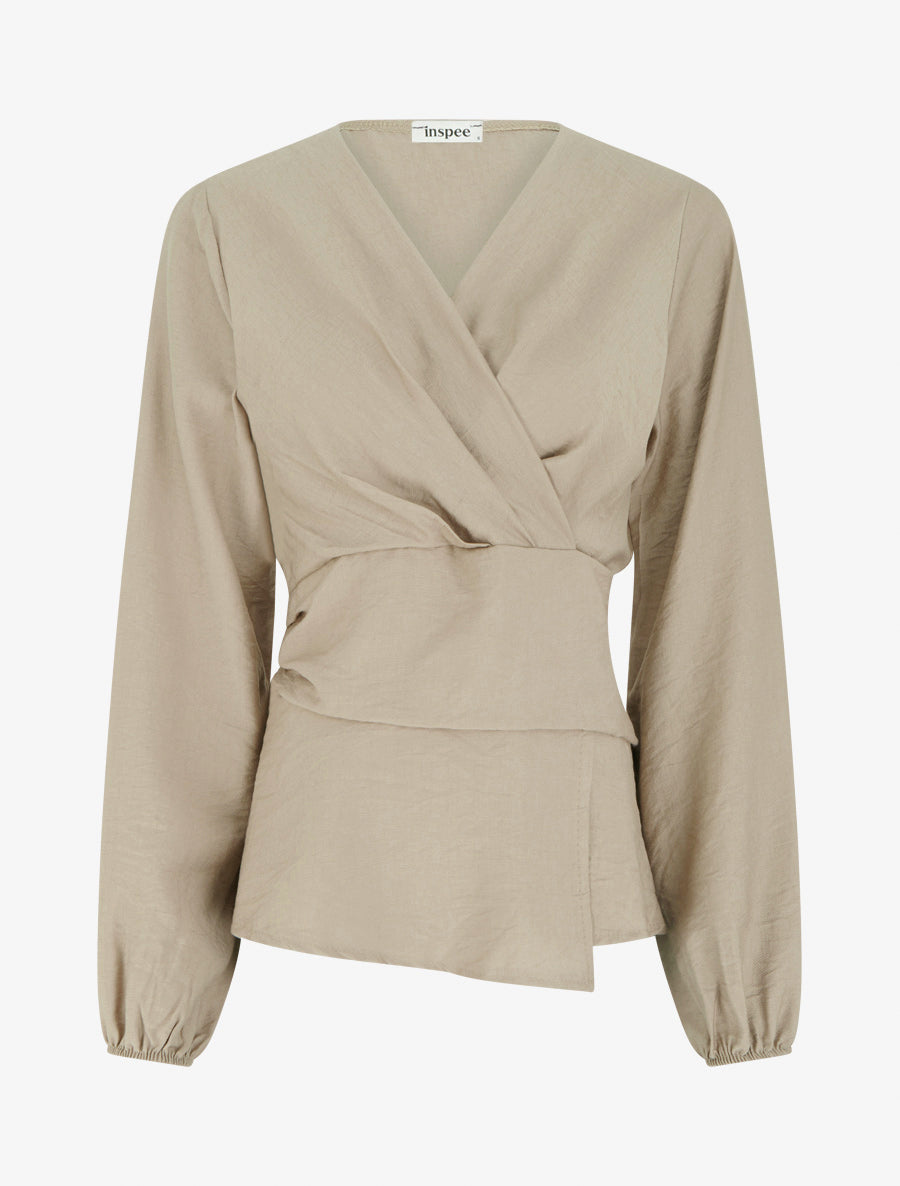 Blouse unie à col cache-coeur - Taupe - 1