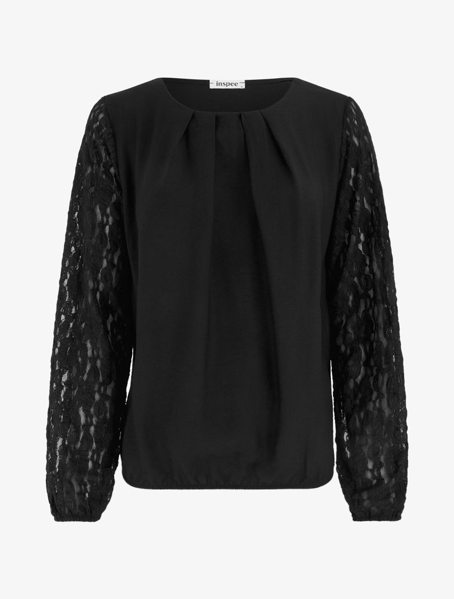 Top boule uni à manches en dentelle - Noir - 1