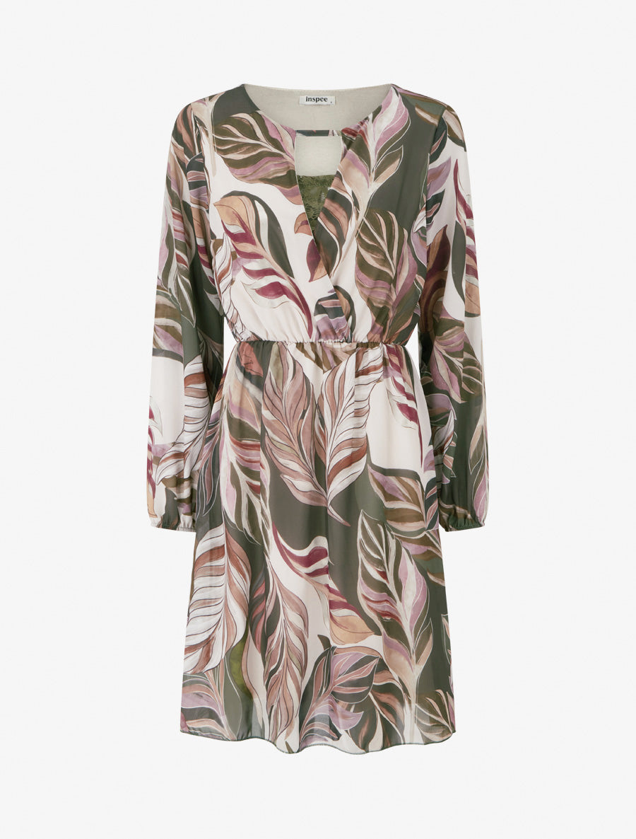 Robe évasée imprimé feuilles stylisées - Kaki - 1