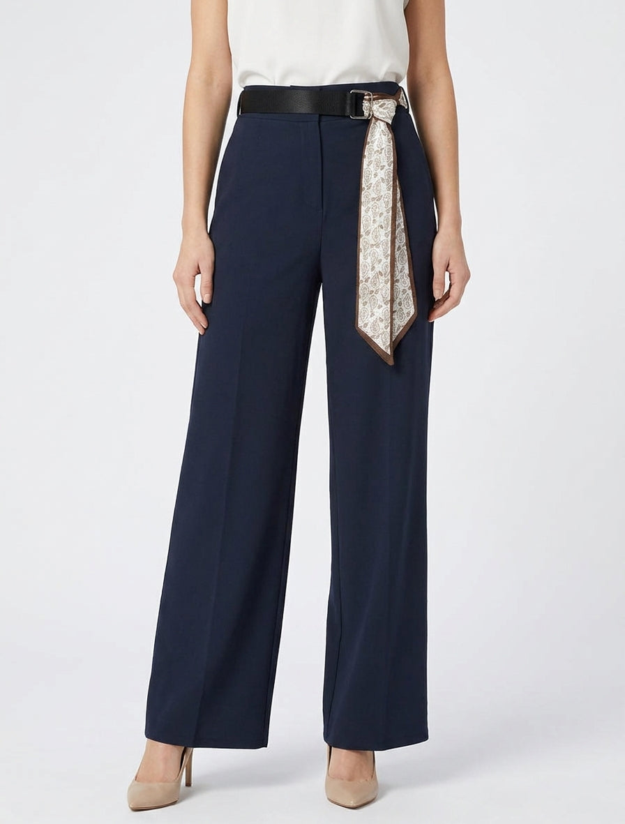 Pantalon ample à taille haute et ceinture style foulard - Marine
