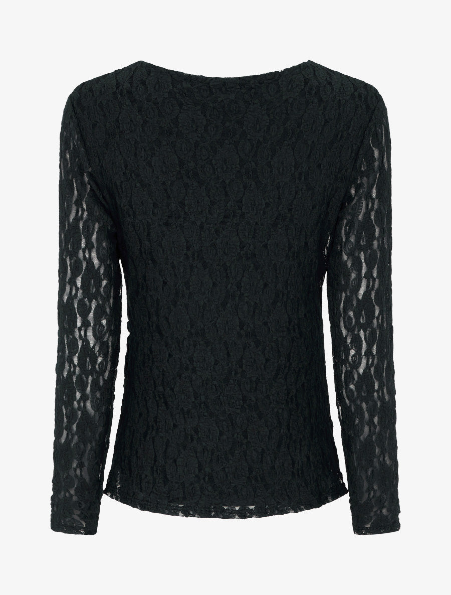 Top en dentelle à effet drapé et bijou métal - Noir - 2