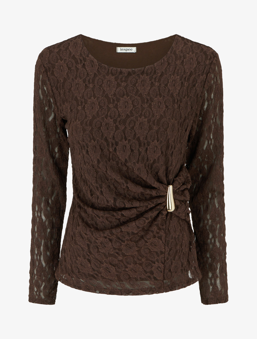 Top en dentelle à effet drapé et bijou métal - Marron - 1