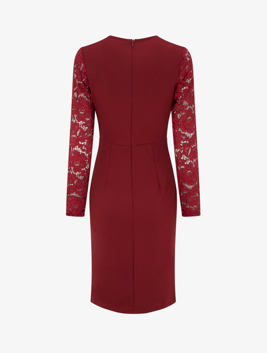 Robe portefeuille ajustée à manches en dentelle - Bordeaux - 2