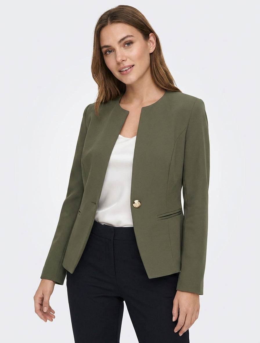 Veste un bouton à épaulettes et col rond - Kaki
