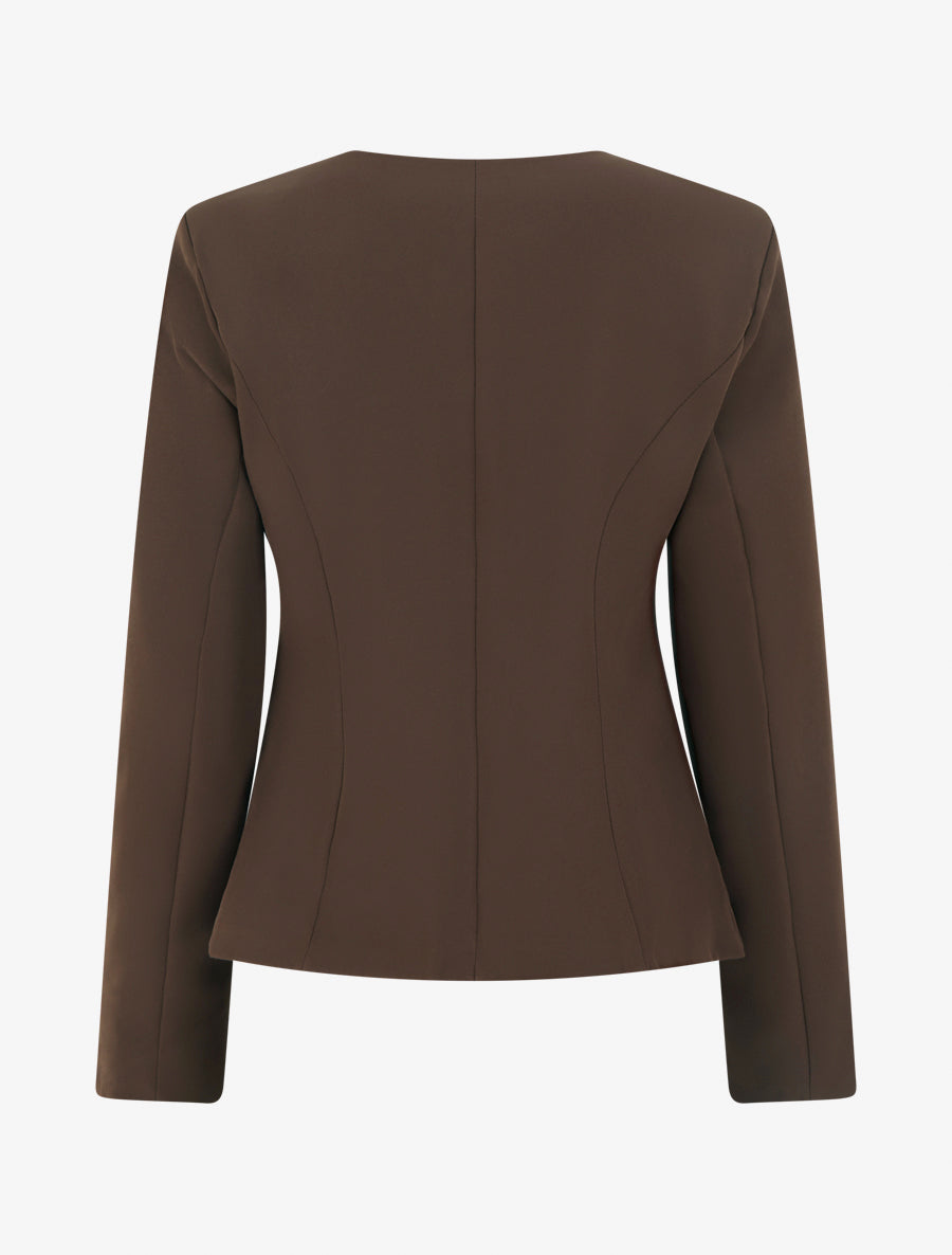 Veste un bouton à épaulettes et col rond - Marron - 2