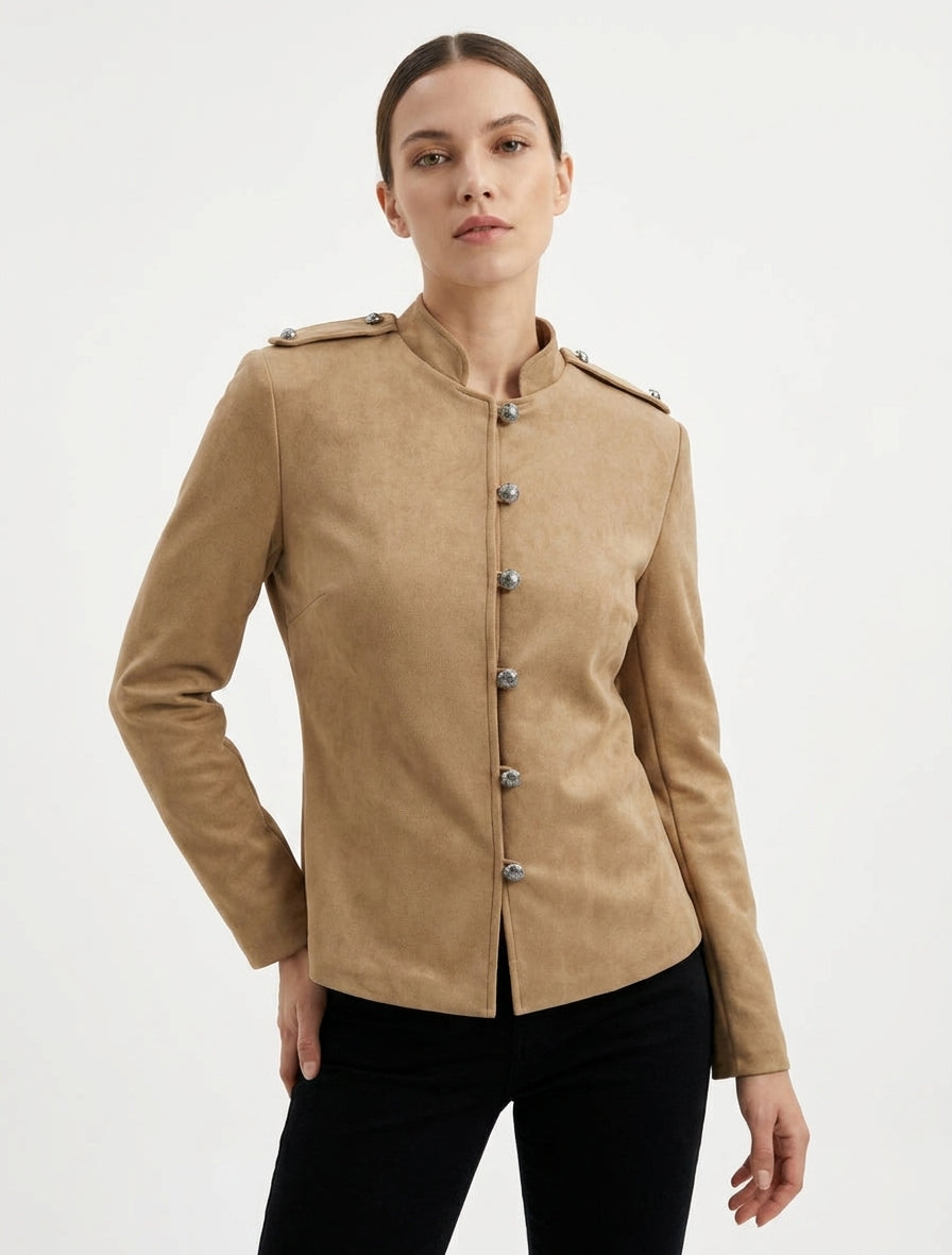 Veste en suédine boutonnée style officier - Beige