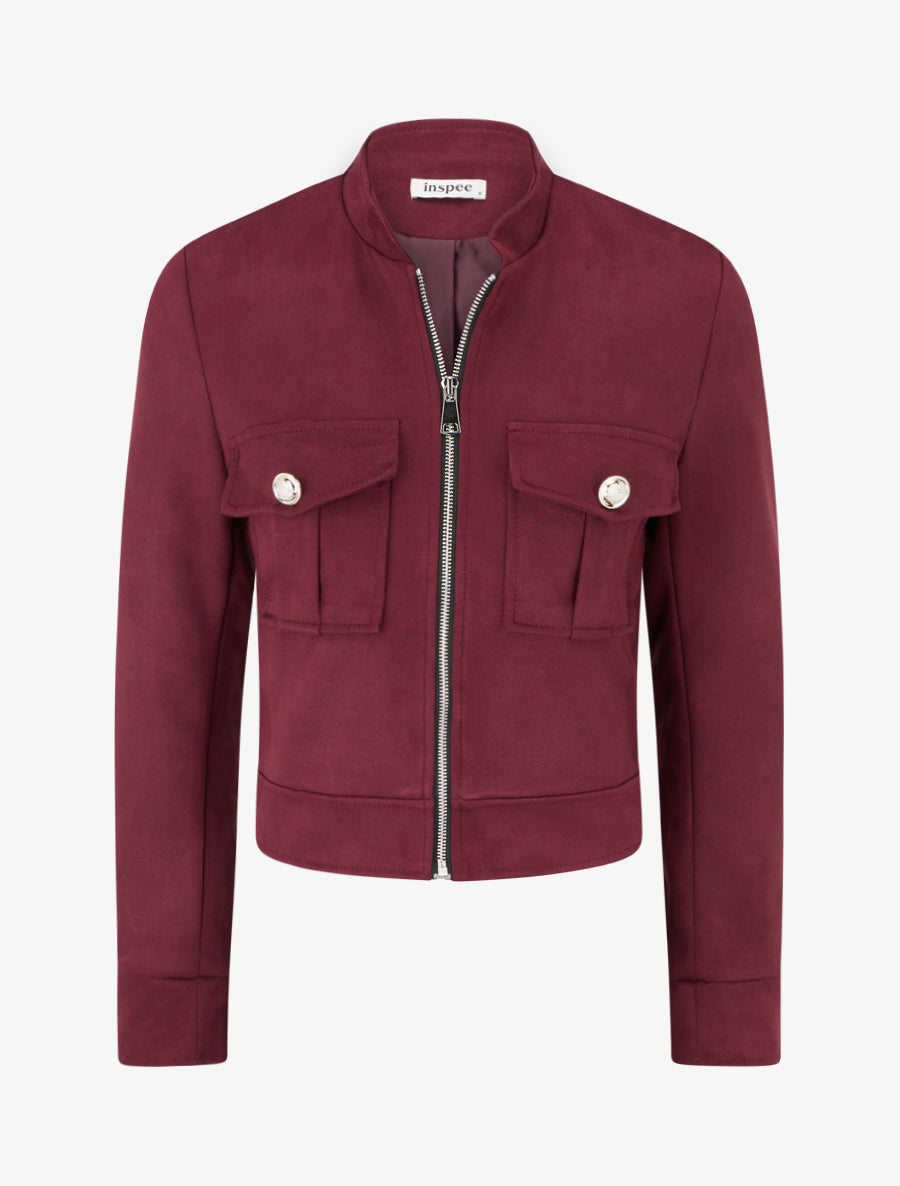 Veste en suédine zippée à poche à rabat - Lie de vin - 1