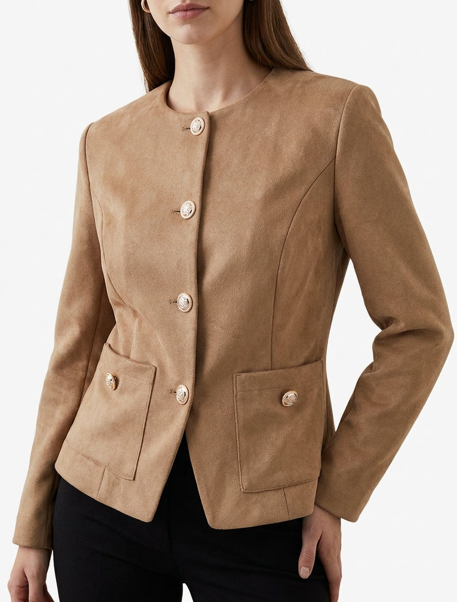 Veste en suédine boutonnée à col rond - Beige