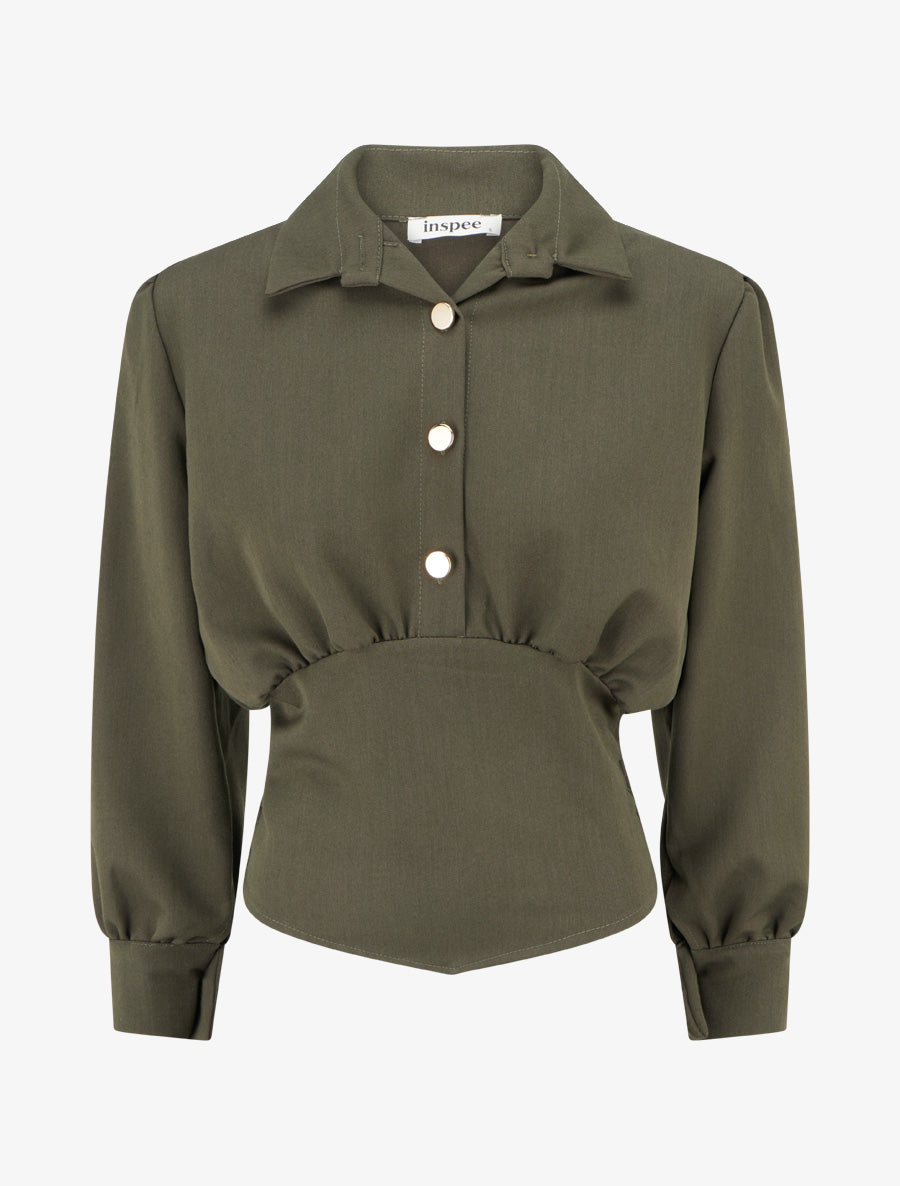 Blouse élastiquée à col à pied - Kaki - 1